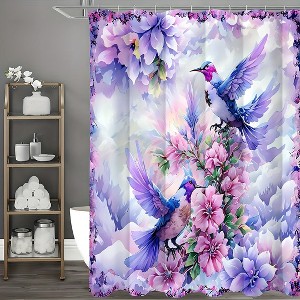 1pc Enchanting Purple Hummingbird Shower Curtain Set with Waterproof Floral Design, 12 Easy-Glide Hooks, for Elegant Bathroom Decor - 1 of 4