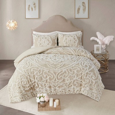 Taupe King Cotton Chenille Medallion Duvet Cover Set