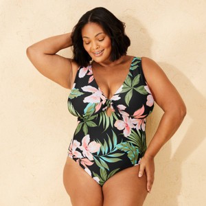 Women's Tie-Front Medium Coverage One Piece Swimsuit - Shade & Shore™ Multi Tropical Print - 1 of 3