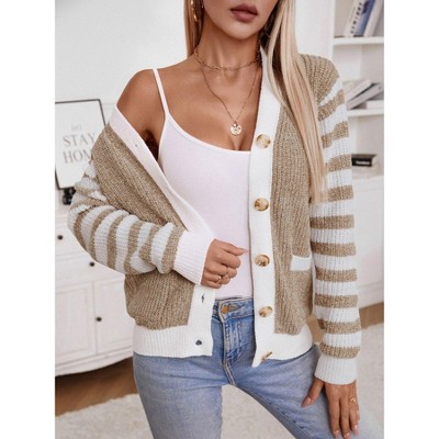 Womens Cardigan Striped Color Block Button Front Knit Cardigan Sweater Jacket
