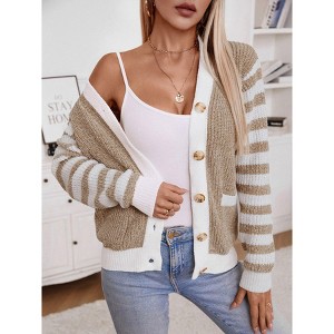 Womens Cardigan Striped Color Block Button Front Knit Cardigan Sweater Jacket - 1 of 4