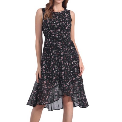 Allegra K Women's Wrap Ruffle High Low Hem Round Neck Keyhole Back Sleeveless Floral Dress