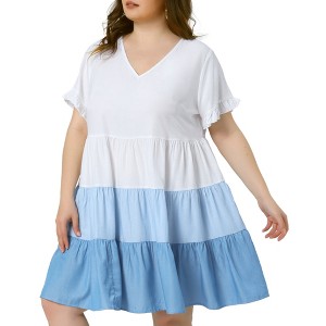 Agnes Orinda Women's Plus Size Color Block Ruffle Short Sleeve Flowy Chambray Mini Babydoll Dress - 1 of 4