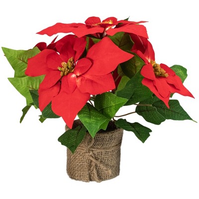 Northlight 11" LED Artificial Red Poinsettia Potted Plant - Clear Lights