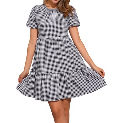 Allegra K Women's Puff Short Sleeve Crew Neck High Waist Casual Tiered Dresses