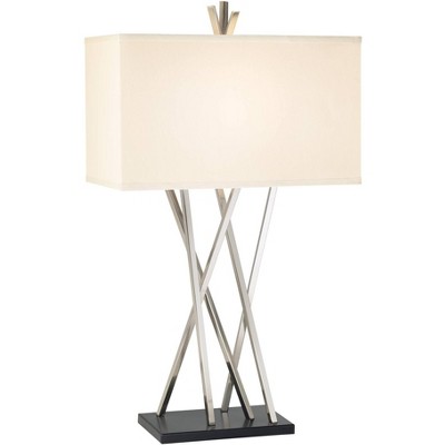 Possini Euro Design Modern Contemporary Table Lamp with Table Top Dimmer Brushed Nickel Metal White Rectangular Shade Living Room