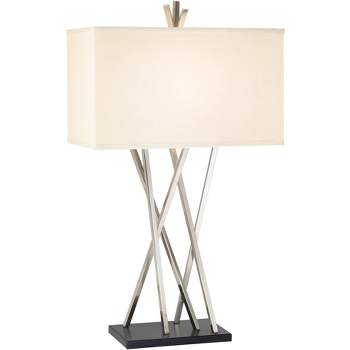 Possini Euro Design Asymmetry Modern Table Lamp 30" Tall Brushed Nickel Metal with Table Top Dimmer White Linen Shade for Bedroom Living Room Bedside