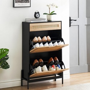 CuisinSmart Shoe Storage Cabinet with 2 Flip Drawers & Drawer, Narrow Shoe Rack for Entryway, Black+Oak - 1 of 4