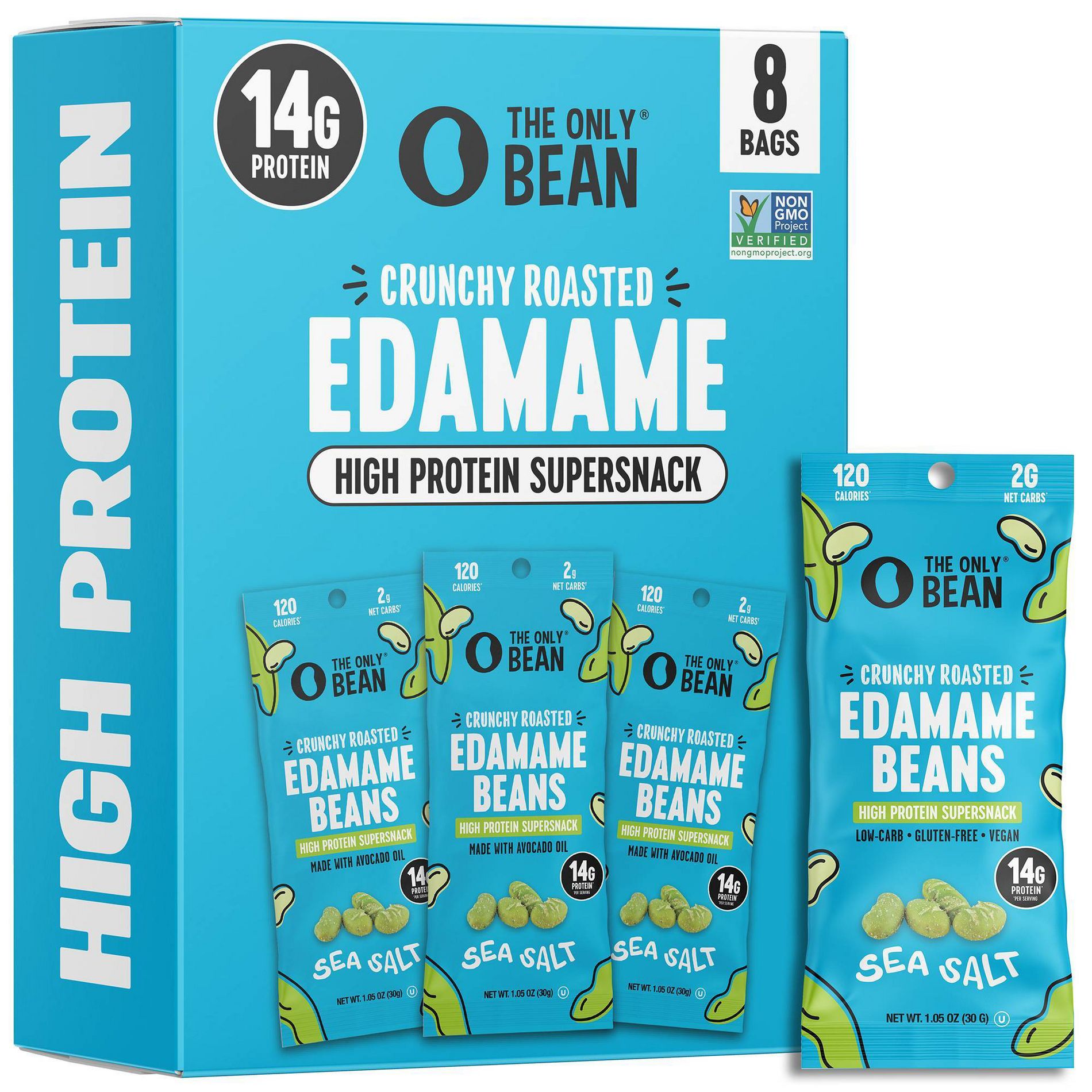 The Only Bean Crunchy Roasted Edamame Snacks Individually Wrapped Protein Packs Sea Salt - 8.4oz/8pk