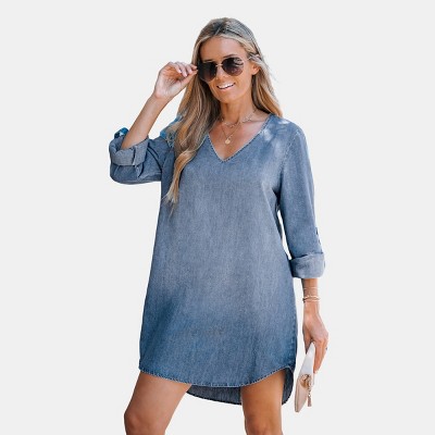 Women's Stonewash Denim V-neck Mini Dress - Cupshe-xl-blue : Target