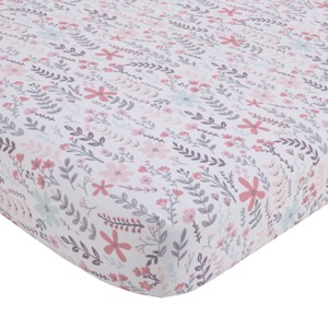 Little Love by NoJo Desert Flower - Feathers and Ferns Pink, Grey and Aqua Fitted Crib Sheet - 1 of 2