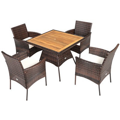 Tangkula Patio Rattan Conversation Set Outdoor Dining Table & Armchair Set w/Cushions & Umbrella Hole