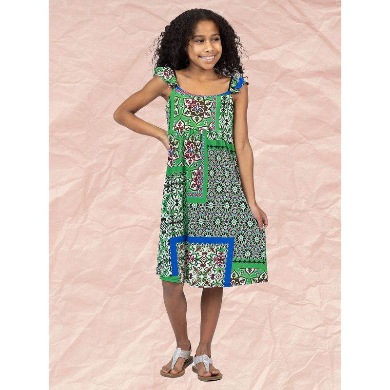 24sevenkid Girls Green Scarf Print Ruffle Summer Dress, 5 of 6