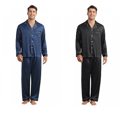 INSPIRE CHIC Men's 2 Pack Sleepwear Classic Soft Button Long Sleeve Satin Pajamas Sets