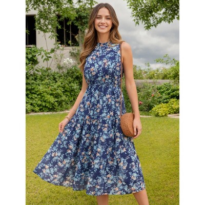 Женские платья INSPIRE CHIC Women's Summer Floral Sleeveless Mock Neck Wedding Guest Party A-Line Midi Dress Small Navy Blue — фото 2