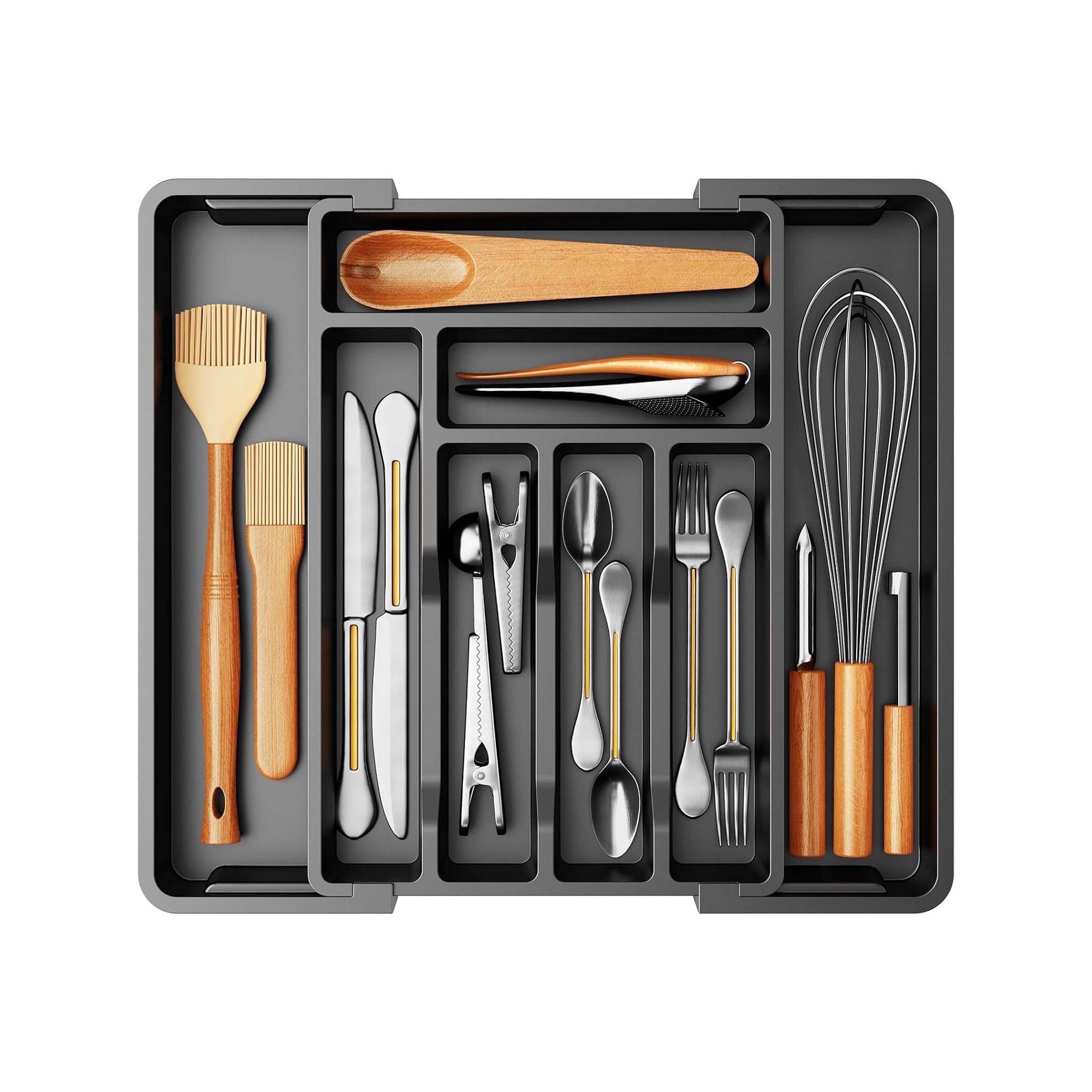 Pipishell Silverware Drawer Organizer, Expandable Kitchen Utensil Storage Tray for Forks, Spoons and Knives, Black Silverware Organizer