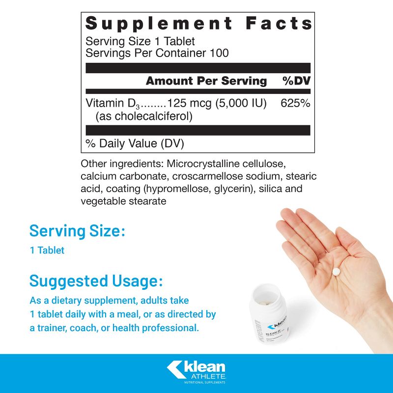 Klean Athlete Klean-D - 5000 IU of Vitamin D3 to Support Immune Health, Muscle Recovery, and Bone Strength - NSF Certified for Sport - 100 Tablets, 2 of 9