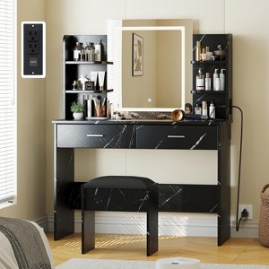 Vanity Desk with Mirror, Stool and Lights 3 Colors, Makeup Table with 2 Drawers, 6 Shelves, Power Outlet for Bedroom, 41.3*15.7*55.9in - 1 of 4