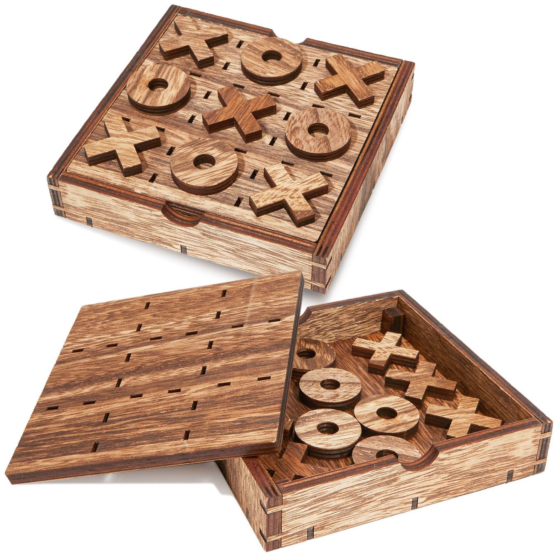 Infinite Curiosity 2 Pack Wooden Tic Tac Toe Board Game, 10 Piece Games, 5.5 x 1.15 in.