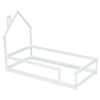 Fontoi Beds, Twin Size Floor Bed with Headboard, Wood Bed with Guardrails for Girls and Boys, White, 44.8"*57.3"*78.2"