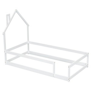 FONTOI Beds, Twin Size Floor Bed with Headboard, Wood Bed with Guardrails for Girls and Boys, White, 44.8"*57.3"*78.2" - 1 of 4