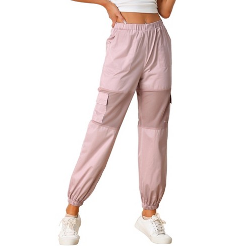 Allegra K Women's High Waist Sports Elastic Mesh Panel Sheer Baggy Cargo  Pants Pink Small