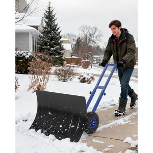 Wheeled Snow Plow Shovel, Heavy-Duty Steel Black Blade with Double Handle, Back Saver Pusher for Snow Removal on Driveway, Sidewalks and Doorways - 1 of 4