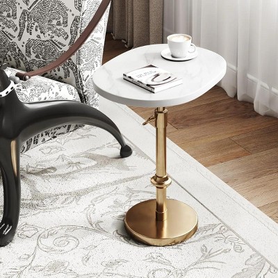 SYFERLORY  Adjustable-Height Pedestal Drink Table, Antique Brass Metal Plant Stand With Faux Marble Oval Tabletop，White