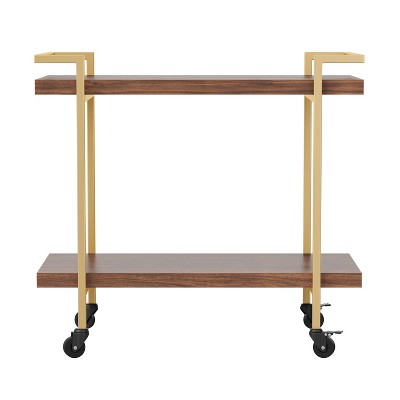 Walnut and Brass 2-Tier Mobile Office Printer Cart with Side Storage