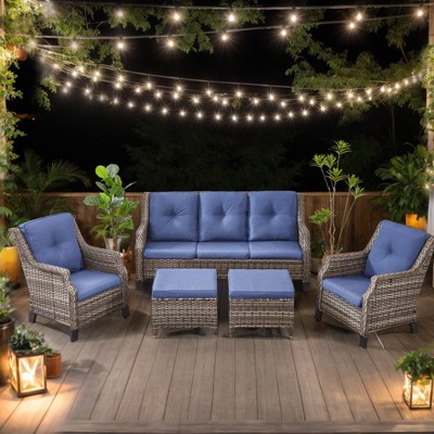 Bestier Patio Furniture Set, Wicker Rattan Sofa Chairs with Thick Cushion and 2 Ottoman, Outdoor Conversation Set for Backyard, Blue