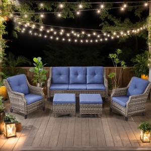 Bestier Patio Furniture Set, Wicker Rattan Sofa Chairs with Thick Cushion and 2 Ottoman, Outdoor Conversation Set for Backyard, Blue - 1 of 4