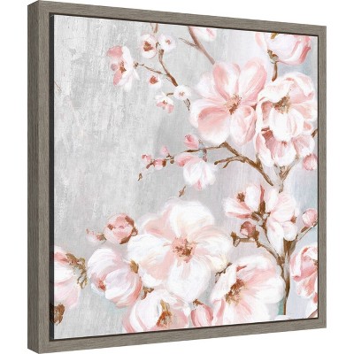 Spring Cherry Blossoms Pink and Gray Framed Canvas Wall Art