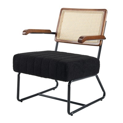 Beautyolove Mid-Century Black Faux Lambskin Walnut Arm Upholstered Accent Chair Armchair