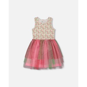 Deux par Deux Girl Bi-Material Cotton and Mesh Dress Small Flowers and Multicolored Gradient Skirt - 1 of 4