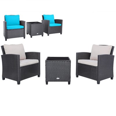 Tangkula 3PCS Outdoor Patio Rattan Conversation Set w/ Beige & Turquoise Cushion
