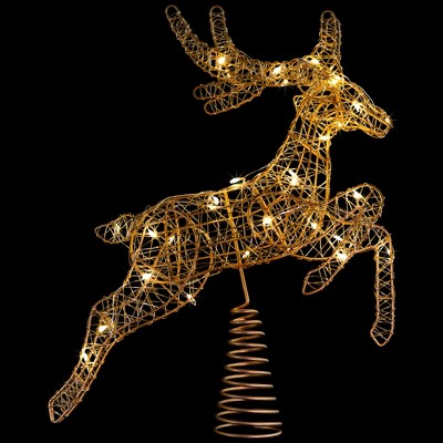 Gold Metal LED Lighted Reindeer Christmas Tree Topper, 13"