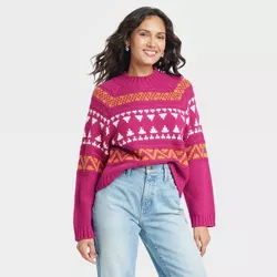 Women's Mock Turtleneck Pullover Sweater - Universal Thread™ Pink Fair Isle XS