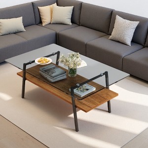 35.43" Glass Oval Coffee Table with Oak Legs - 1 of 4