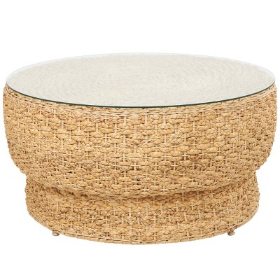 Olivia & May Rattan Handmade Woven Tapered Coffee Table with Glass Top Brown: Nautical Coastal No Assembly