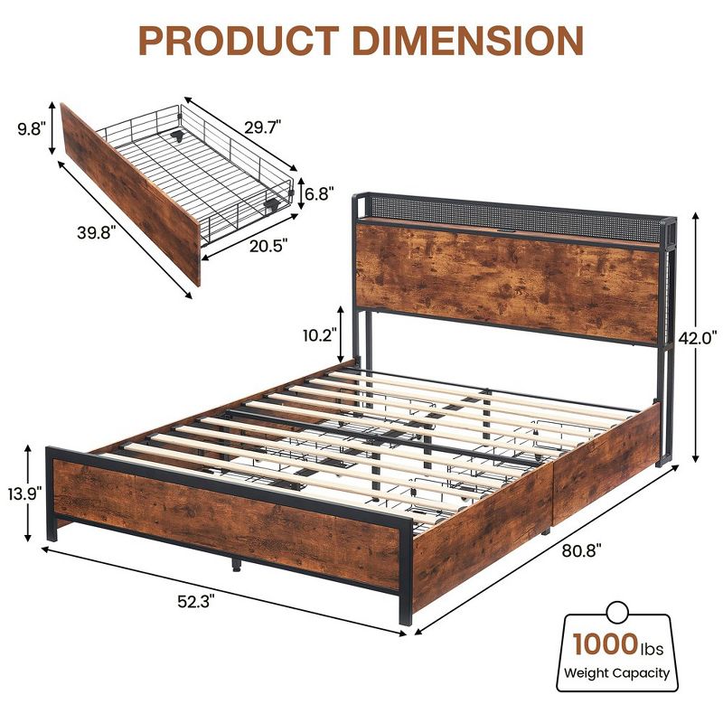 Full Queen Bed Frame with Storage Drawers and Charging Station, LED Light Bed with Storage Headboard, Platform Bed with Strong Wood Slats Support, 2 of 10