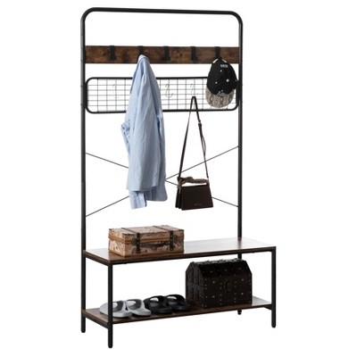 Basicwise Vintage Brown Coat Rack Hall Tree with Storage for Entryway With 10 Hooks and Storage