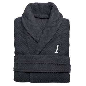 Linum Home Textiles 100% Turkish Cotton Unisex Personalized Herringbone Dark Grey Bathrobe in White Chancery Font - 1 of 2