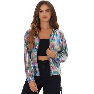 INSPIRE CHIC Women's Holographic Shiny Long Sleeve Zipper Hooded Metallic Jacket - 1 of 4
