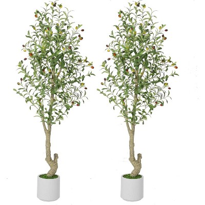 Tall Faux Olive Tree, Olive Trees Artificial Indoor with White Planter and Green Fake Moss for Home Office Living Room Bedroom Stairs Foyer Decor