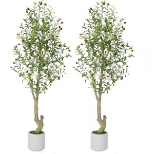 Tall Faux Olive Tree, Olive Trees Artificial Indoor with White Planter and Green Fake Moss for Home Office Living Room Bedroom Stairs Foyer Decor - 1 of 4