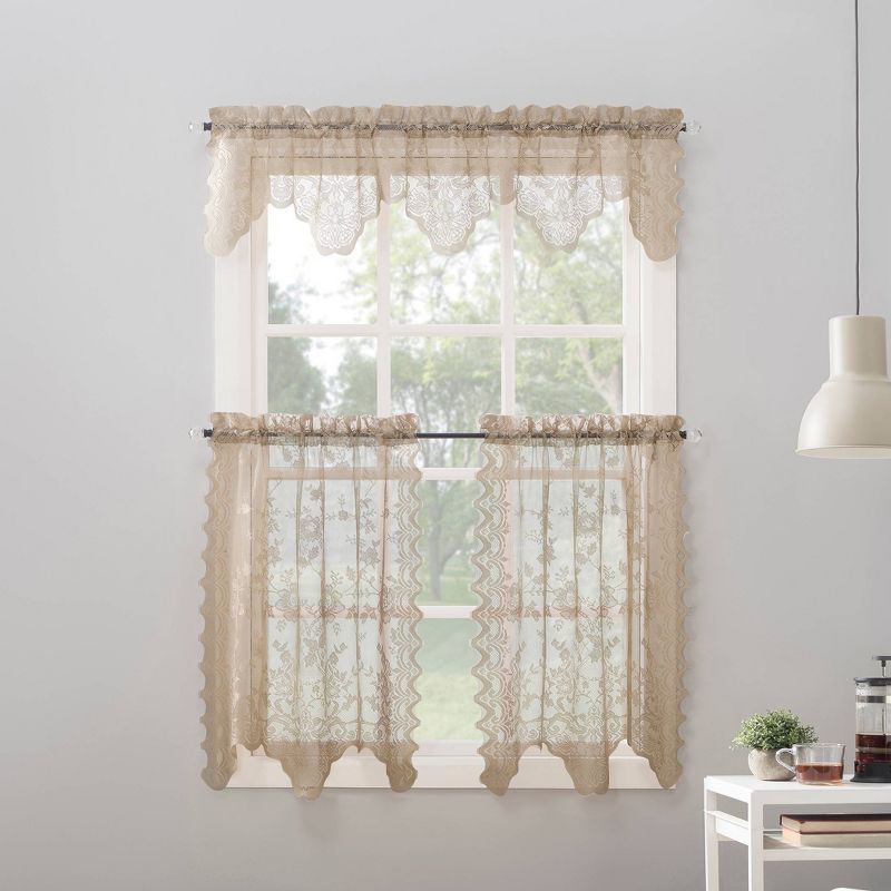 Set of 2 (36&#34;x58&#34;) Alison Floral Lace Sheer Rod Pocket Kitchen Curtain Tier Beige - No. 918, 3 of 8