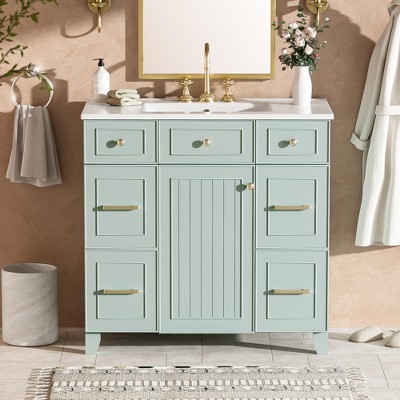 36" Bathroom Vanity with Ceramic Sink, Soft-Close Doors, Drawers, Modern Storage Cabinet with Adjustable Shelf, Green - ModernLuxe
