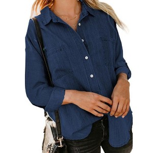 Clearlove Denim Button Down Shirt Women Long Sleeve Dressy Blouse Casual Office Work Tops V Neck Loose Jean Jacket Trendy Pocket - 1 of 4