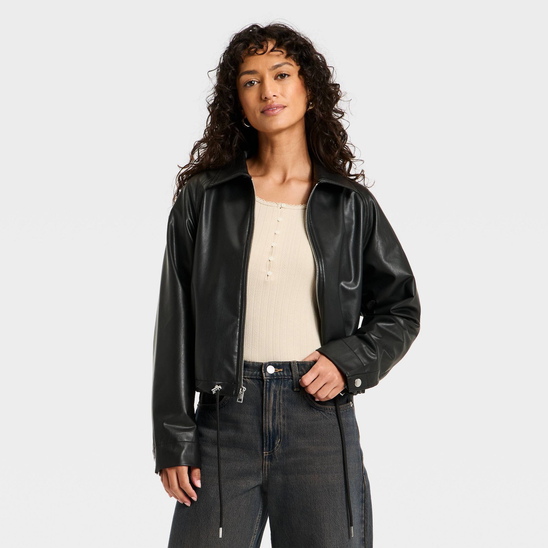 Women's Faux Leather Bubble Jacket - Universal Thread™ Black
