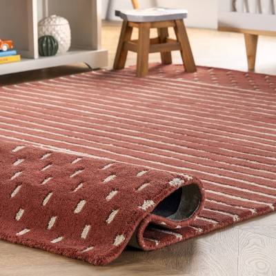 Rust and White Striped Wool Handmade 4' x 6' Area Rug